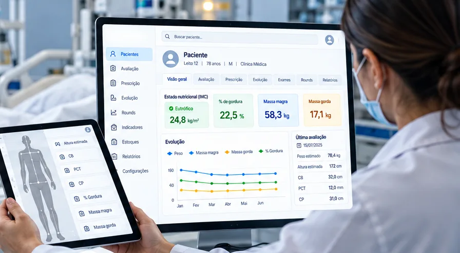 Nutricionista usando o sistema no tablet e no computador: tela de paciente com IMC, % de gordura, massa magra e massa gorda